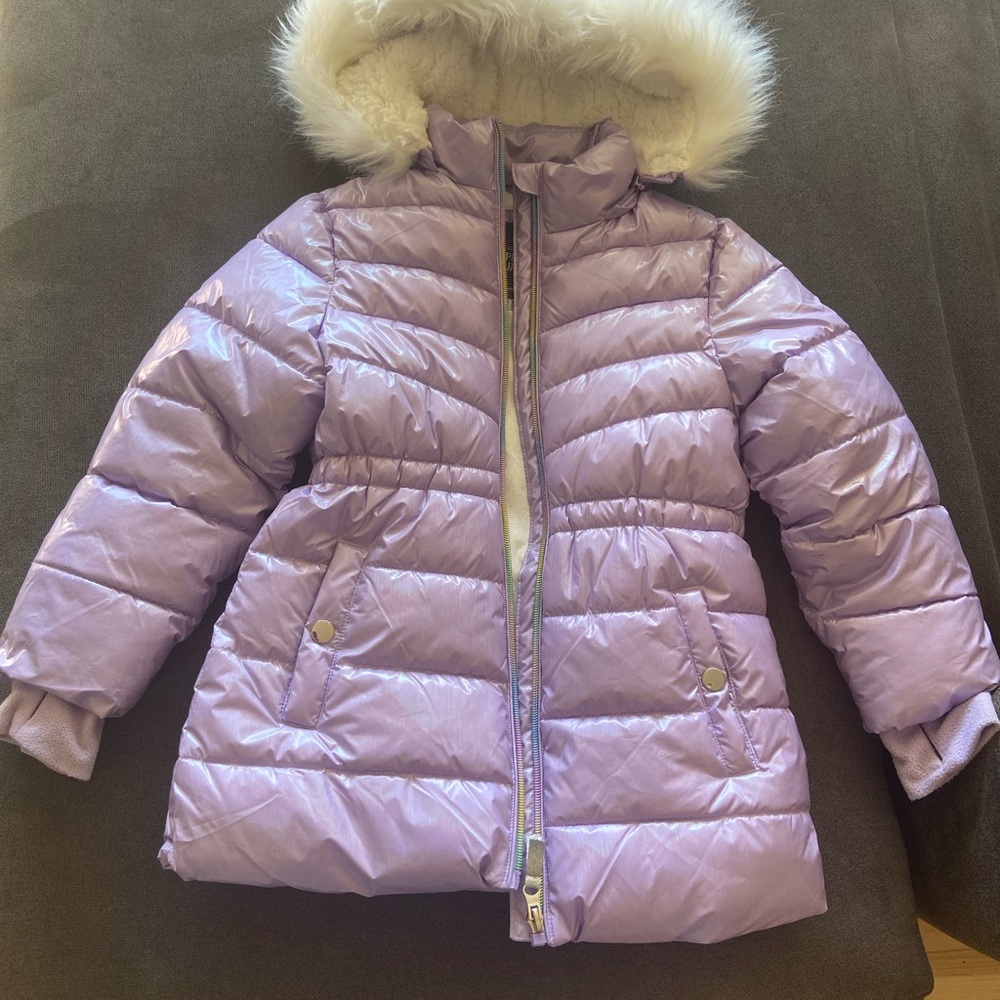 Kids Purple Puffer Jacket with Faux Fur Hood